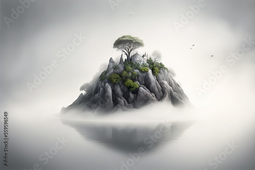 a small island with a tree on top of it in the middle of the ocean with a bird flying over it and a bird flying over it in the water below it, with a fog. photo