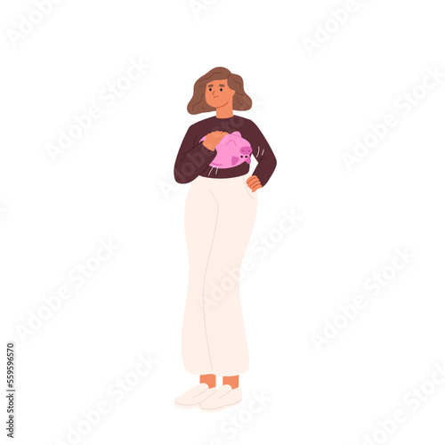Young woman need money shaking piggy bank. Poor girl in problems, unemployed and unhappy female