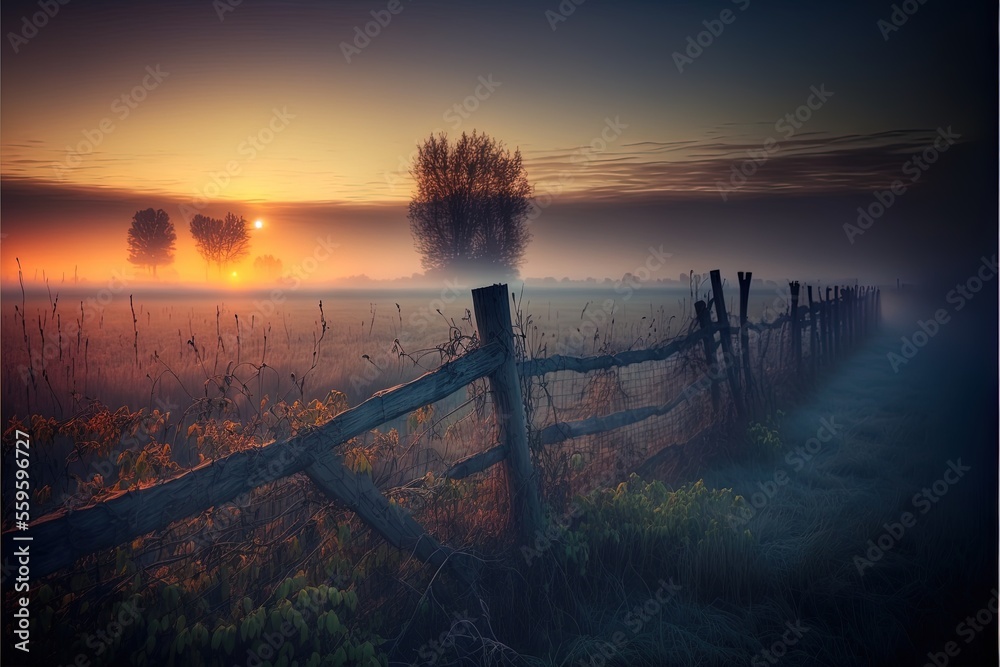 a fence in a field with a sunset in the background and fog in the air above it, and a tree in the foreground, with a fog, and a field with a. a fence in a field with a sunset in the background and fog in the air above it, and a tree in the foreground, with a fog, and a field with a.