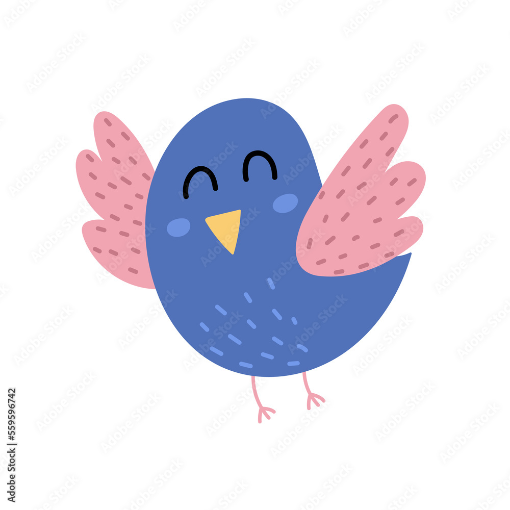 Cute flying bird print in childish style. Funny cartoon character for baby and kids design. Vector illustration
