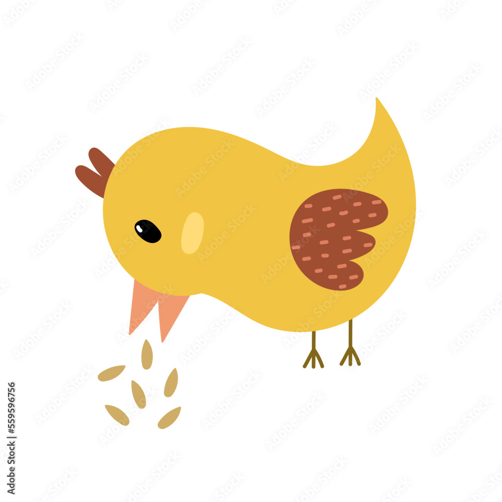 Tapeta Cute bird pecking grain print in childish style