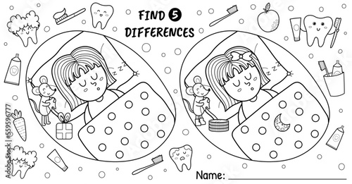 Find 5 differences activity pages for kids. Funny dental tooth maze game for school and preschool. Coloring page and puzzle for children. Vector illustration photo