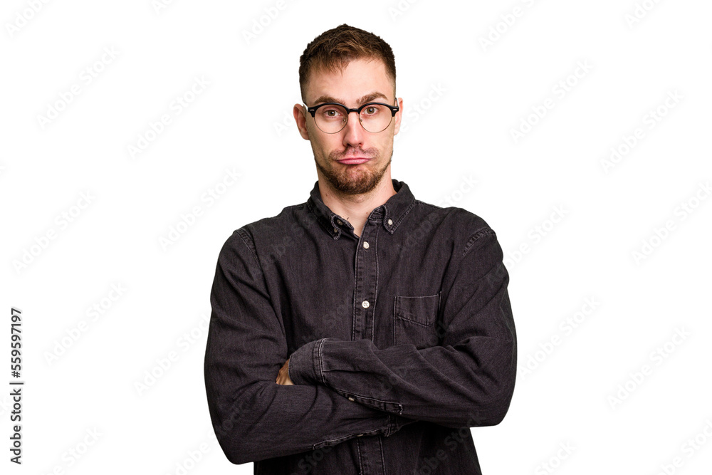 Young caucasian man cut out isolated unhappy looking in camera with sarcastic expression. Young caucasian man cut out isolated unhappy looking in camera with sarcastic expression.