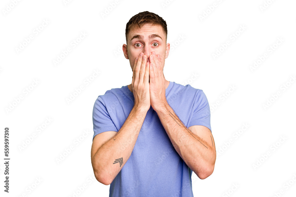 Young caucasian man cut out isolated shocked covering mouth with hands. Young caucasian man cut out isolated shocked covering mouth with hands.