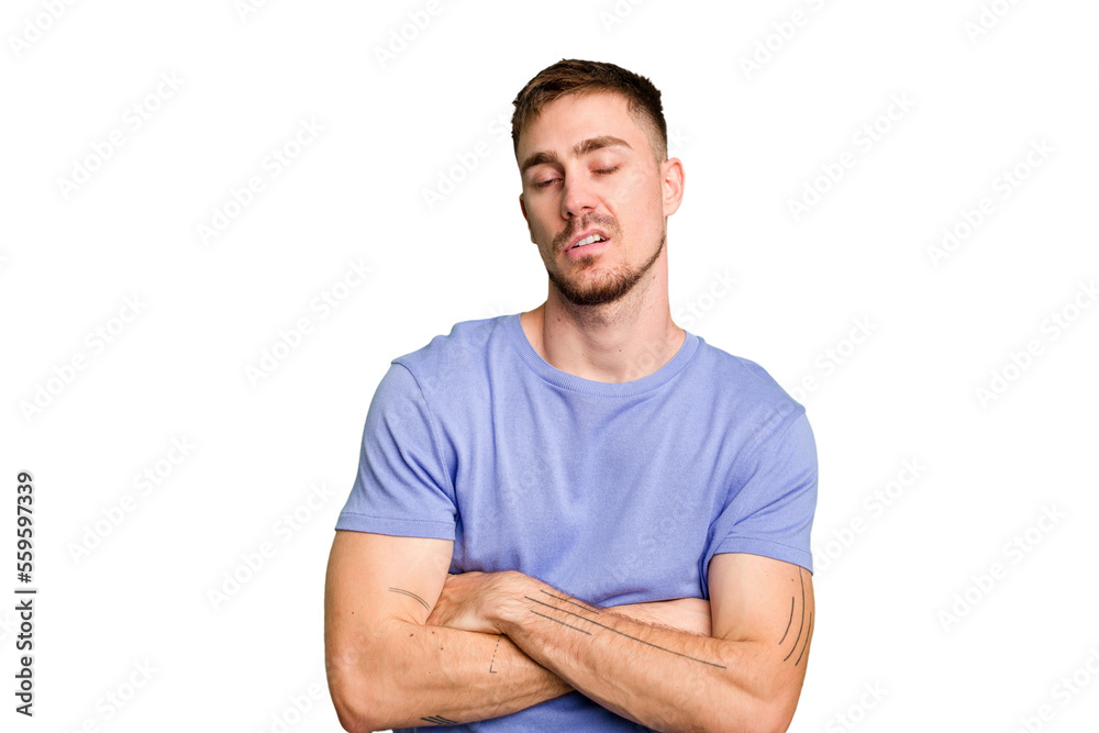 Young caucasian man cut out isolated who is bored, fatigued and need a relax day. Young caucasian man cut out isolated who is bored, fatigued and need a relax day.