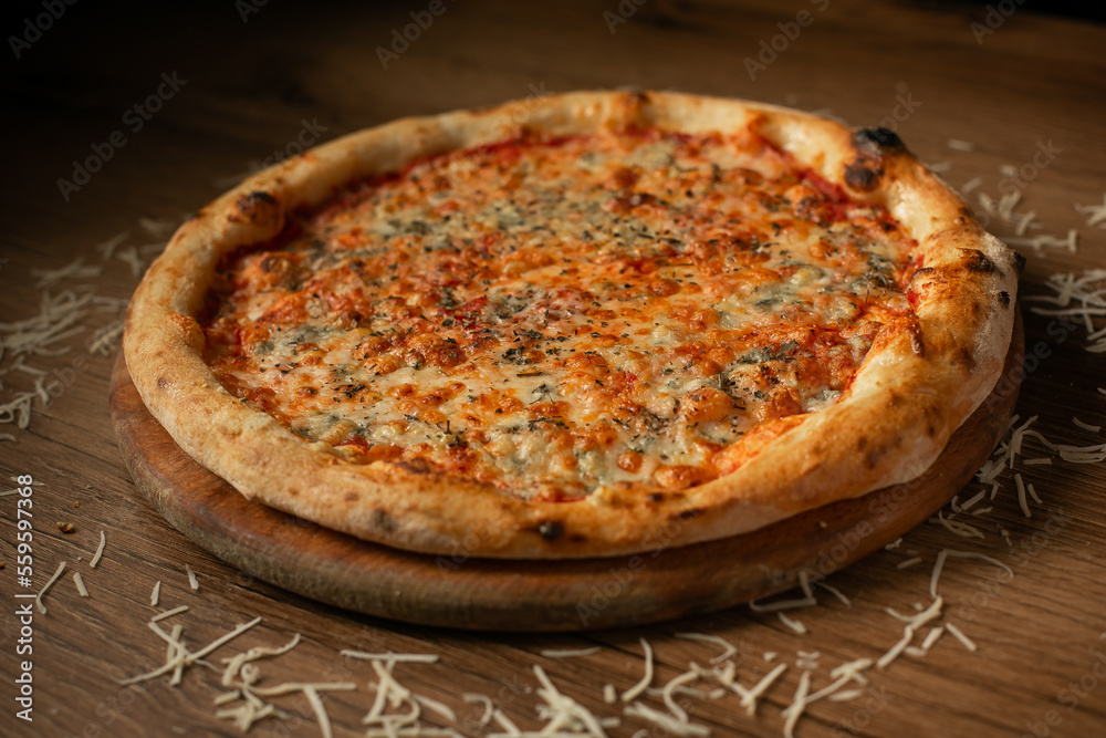 delicious cheese pizza sprinkled with spices low key