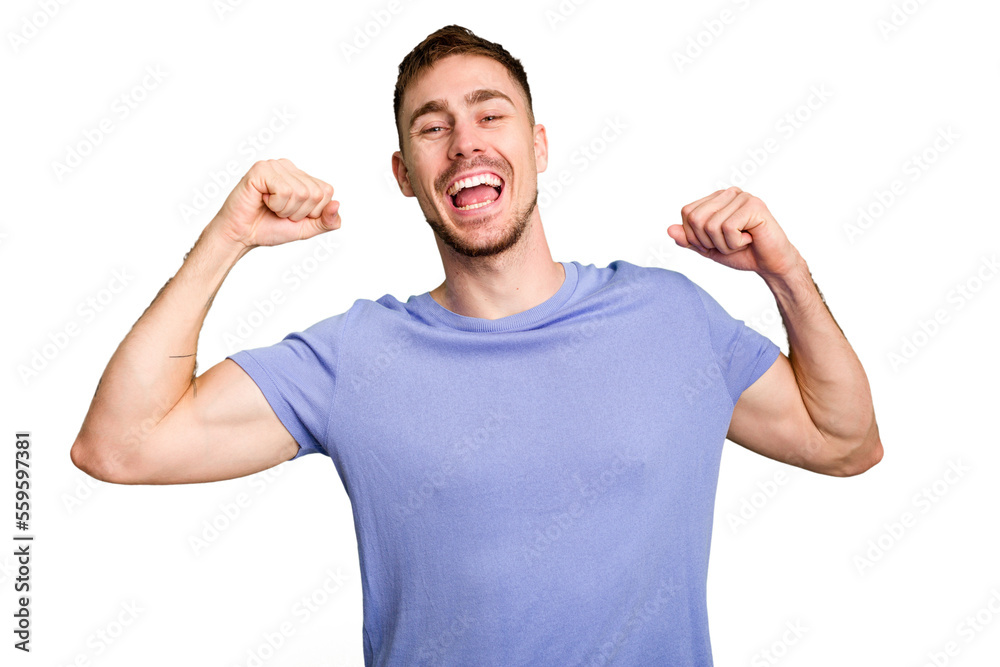 Young caucasian man cut out isolated cheering carefree and excited. Victory concept. Young caucasian man cut out isolated cheering carefree and excited. Victory concept.