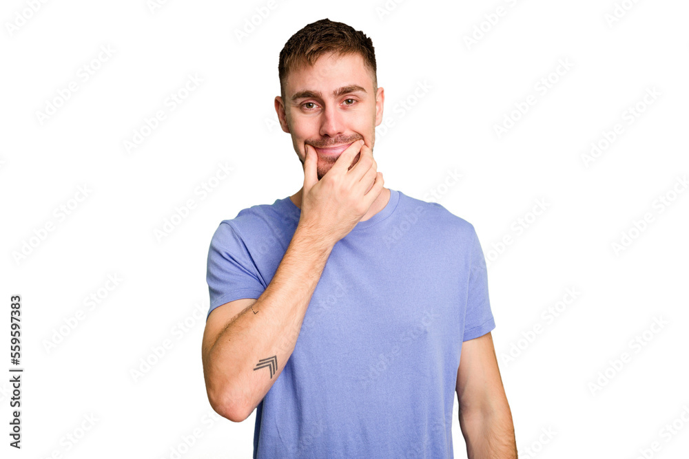 Young caucasian man cut out isolated doubting between two options. Young caucasian man cut out isolated doubting between two options.