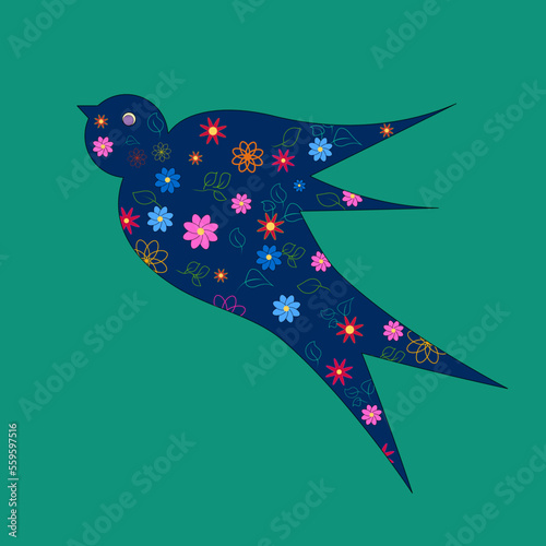 Silhouette of a swallow with a floral print on a green background. Vector design element, ornament for decor