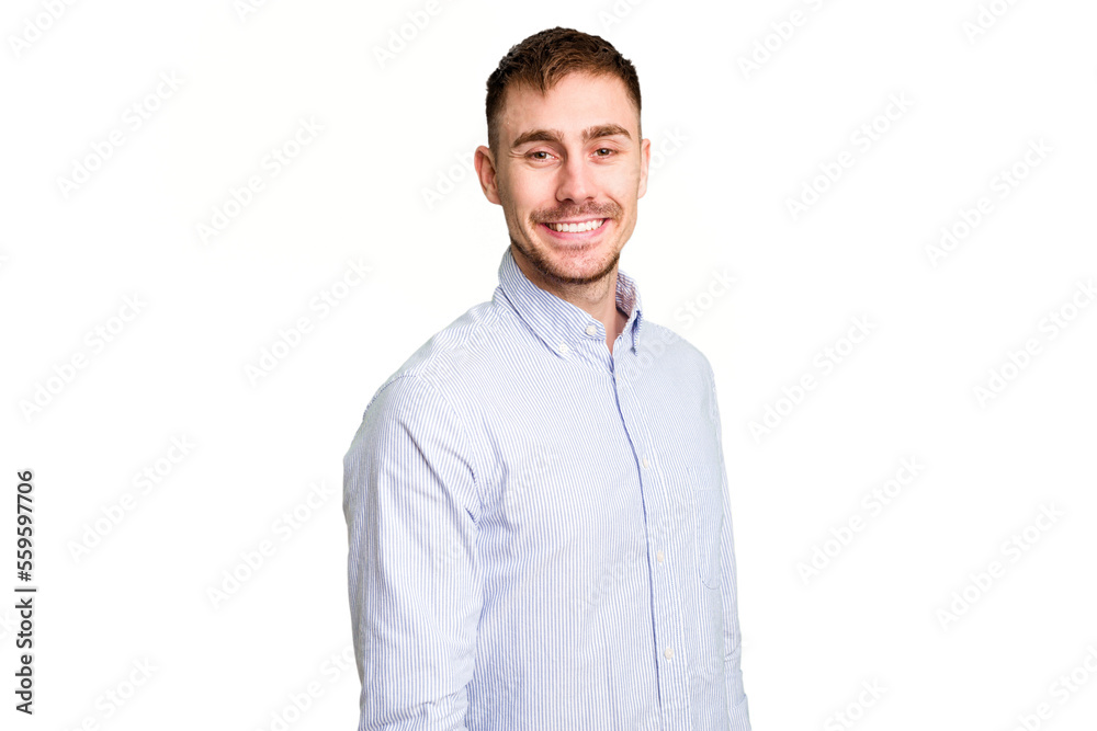Young caucasian man cut out isolated confident keeping hands on hips. Young caucasian man cut out isolated confident keeping hands on hips.