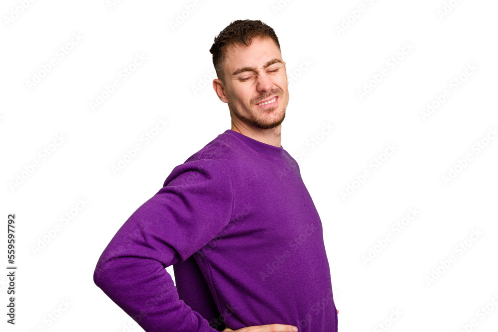 Young caucasian man cut out isolated suffering a back pain. Young caucasian man cut out isolated suffering a back pain.