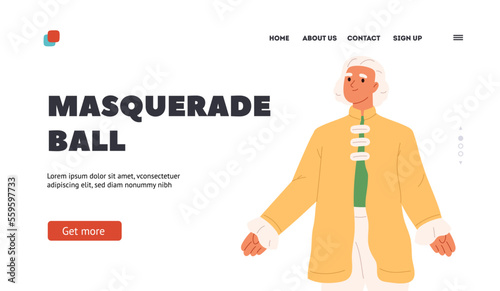 Masquerade ball concept of landing page with man in 18th century costume outfit