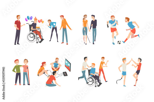 Happy young people listening music set. Guys and girls enjoying of listening and dancing cartoon vector illustration