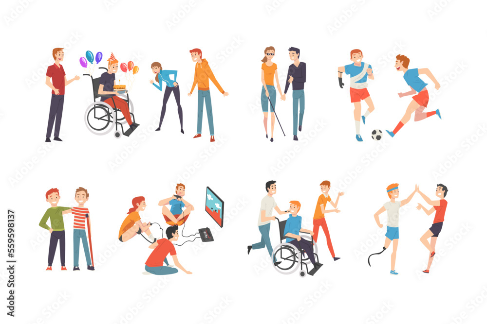Friends or volunteers helping disabled people set. People walking together, celebrating holidays, playing computer games cartoon vector illustration