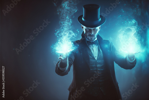 Magician or illusionist is showing magic,