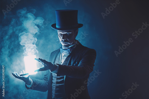 Foto Magician or illusionist is showing magic,