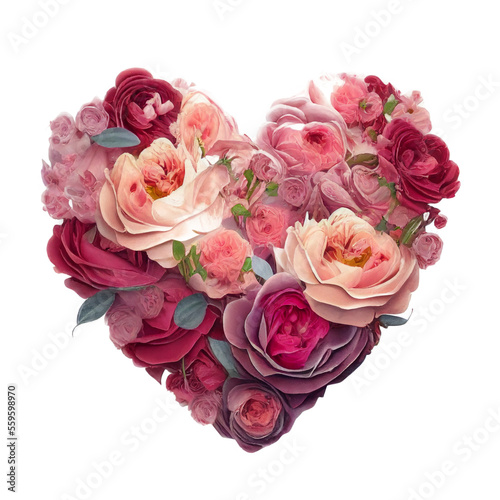 Heart made from flowers  isolated on white background. Valentine s Day  love  blossom. Bautiful graphic element for postcard  greeting card design. Generative AI.