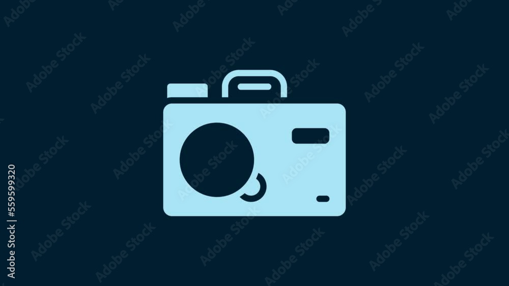 White Photo camera icon isolated on blue background. Foto camera. Digital photography. 4K Video motion graphic animation