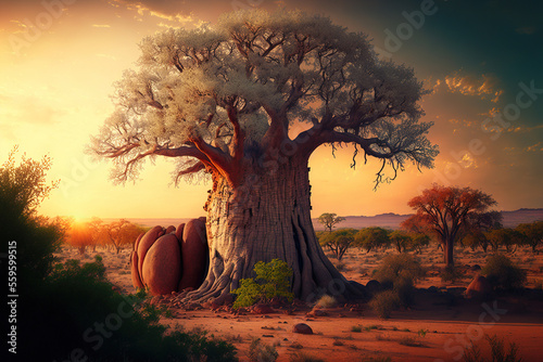 Landscape with baobab tree. Generative AI.