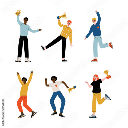 Successful people celebrating victory with winner cups set. Happy winners holding trophy and awards cartoon vector illustration