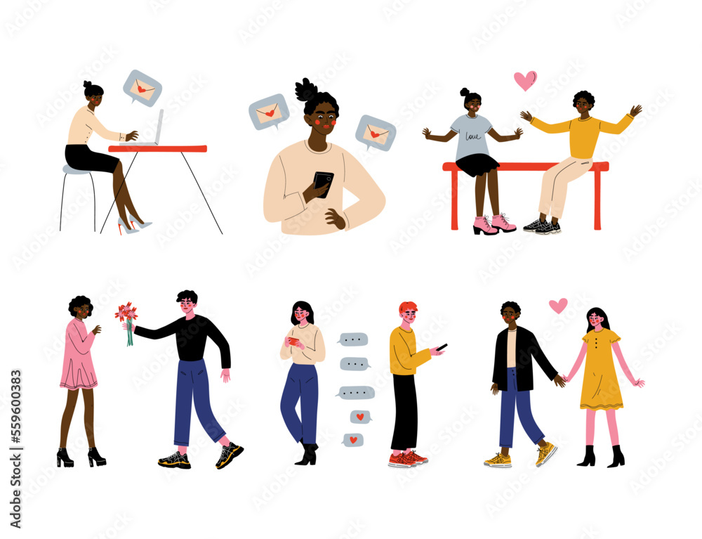 Fototapeta premium Men and women chatting online on their smartphones and computers set. People sending messages to each other. Social media network, online communication cartoon vector