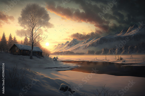 Beautiful winter landscape with a country house. Generative AI.