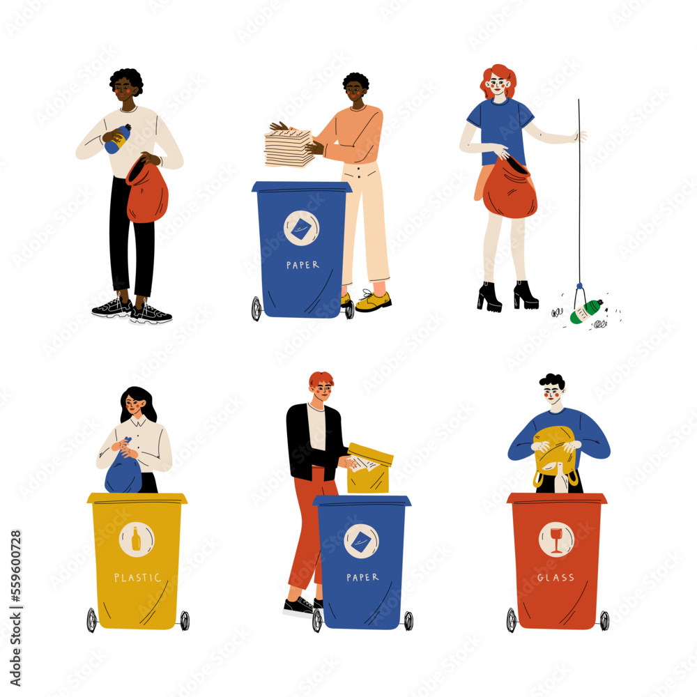 People throwing garbage bag into trash cans set. Male and female