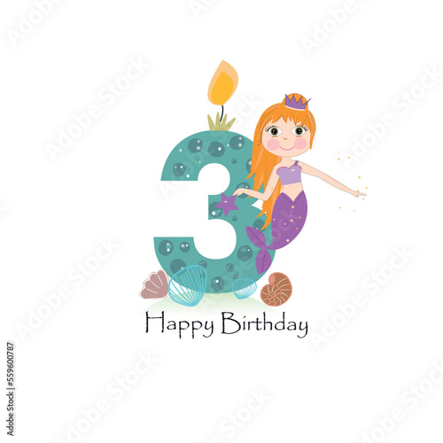 Cute little mermaid third birthday card three candle and marine life