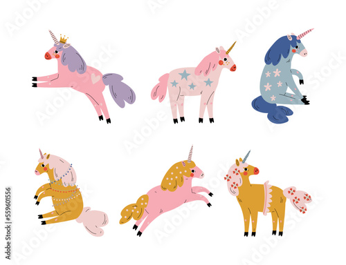 Set of cute magical unicorns. Lovely fairytale animals  design for card  sticker  textile  t-shirt cartoon vector illustration
