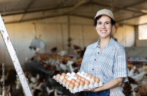 Portrait of positive highly experienced latin adult woman collecting eggs in chicken farm photo