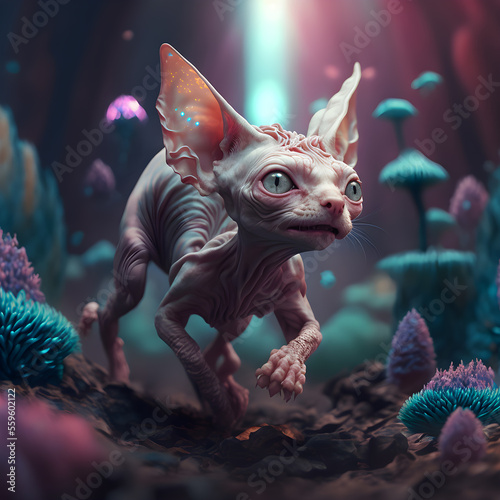 Generative AI illustration of a sphynx kitten in a magic forest