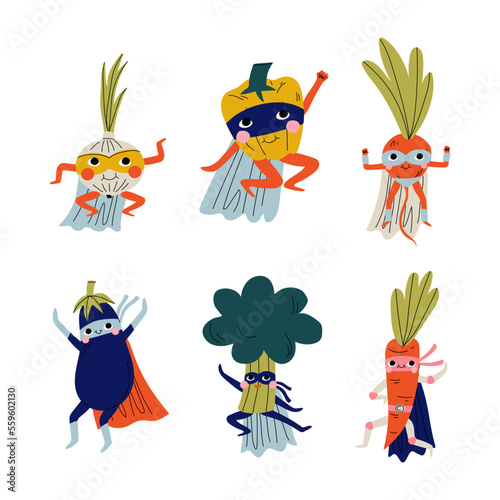 Superhero fruit and vegetables set. Happy onion, pepper, eggplant, radish, carrot, broccoli in cape and mask cartoon vector illustration