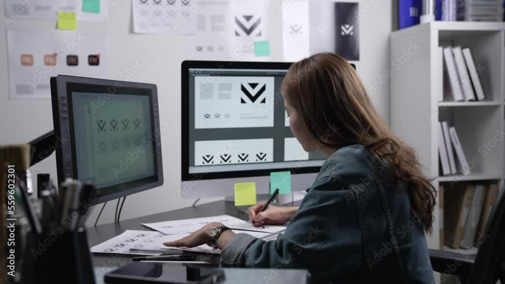 Asian Woman Graphic designer working in office. Artist Creative Designer Illustrator Graphic Skill Concept.