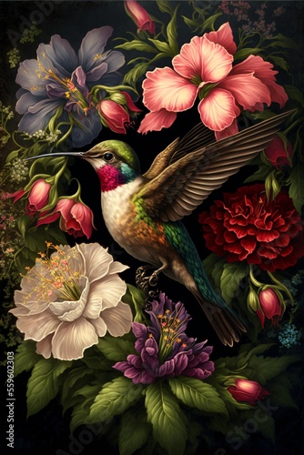 Bird on a flowers. Incredible cover art. Generated AI image