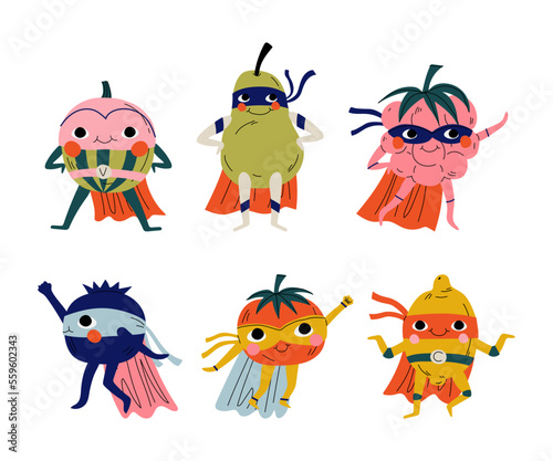 Superhero fruit and vegetables set. Happy pear, raspberry, blueberry, lemon, tomato in cape and mask cartoon vector illustration