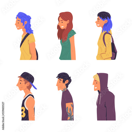 Side view of young people in modern casual outfit set cartoon vector illustration