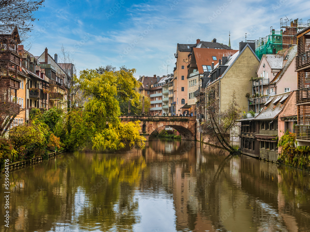Beautiful village buildings and Karls bridge on Pegnitz river in Nuremberg, Germany.tif