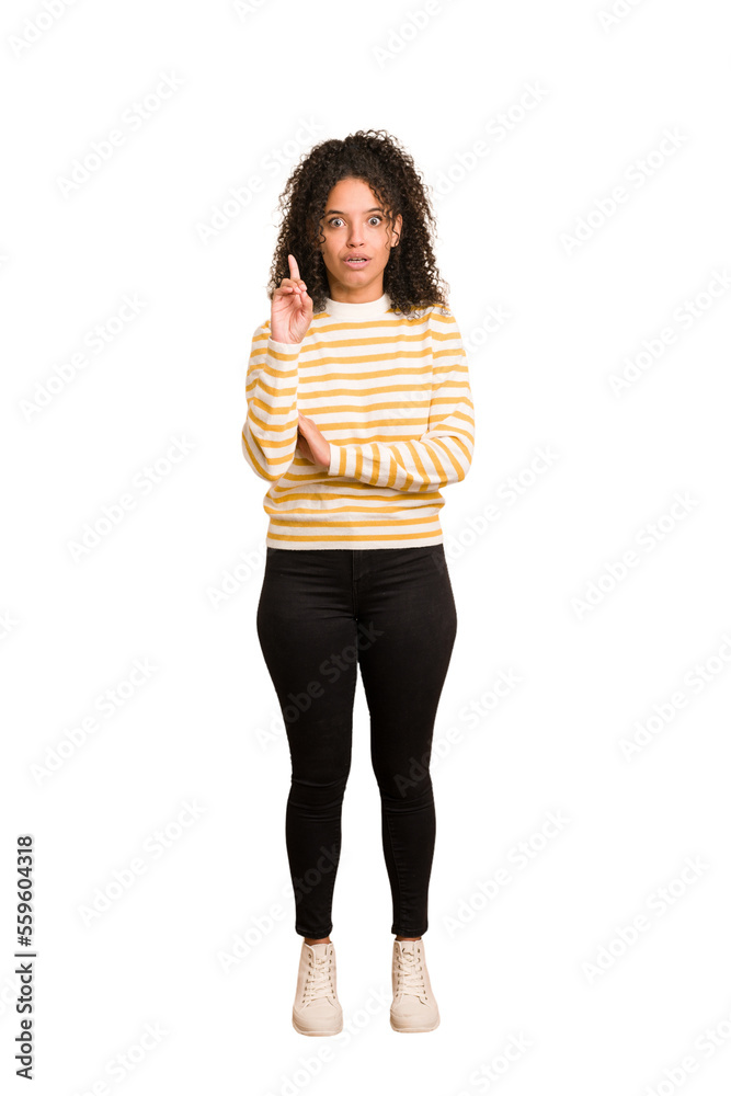 Young african american woman with curly hair cut out isolated having some great idea, concept of creativity. Young african american woman with curly hair cut out isolated having some great idea, concept of creativity.