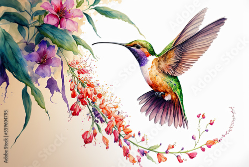 Hummingbird watercolor painting. Generative AI © Sunshower Shots