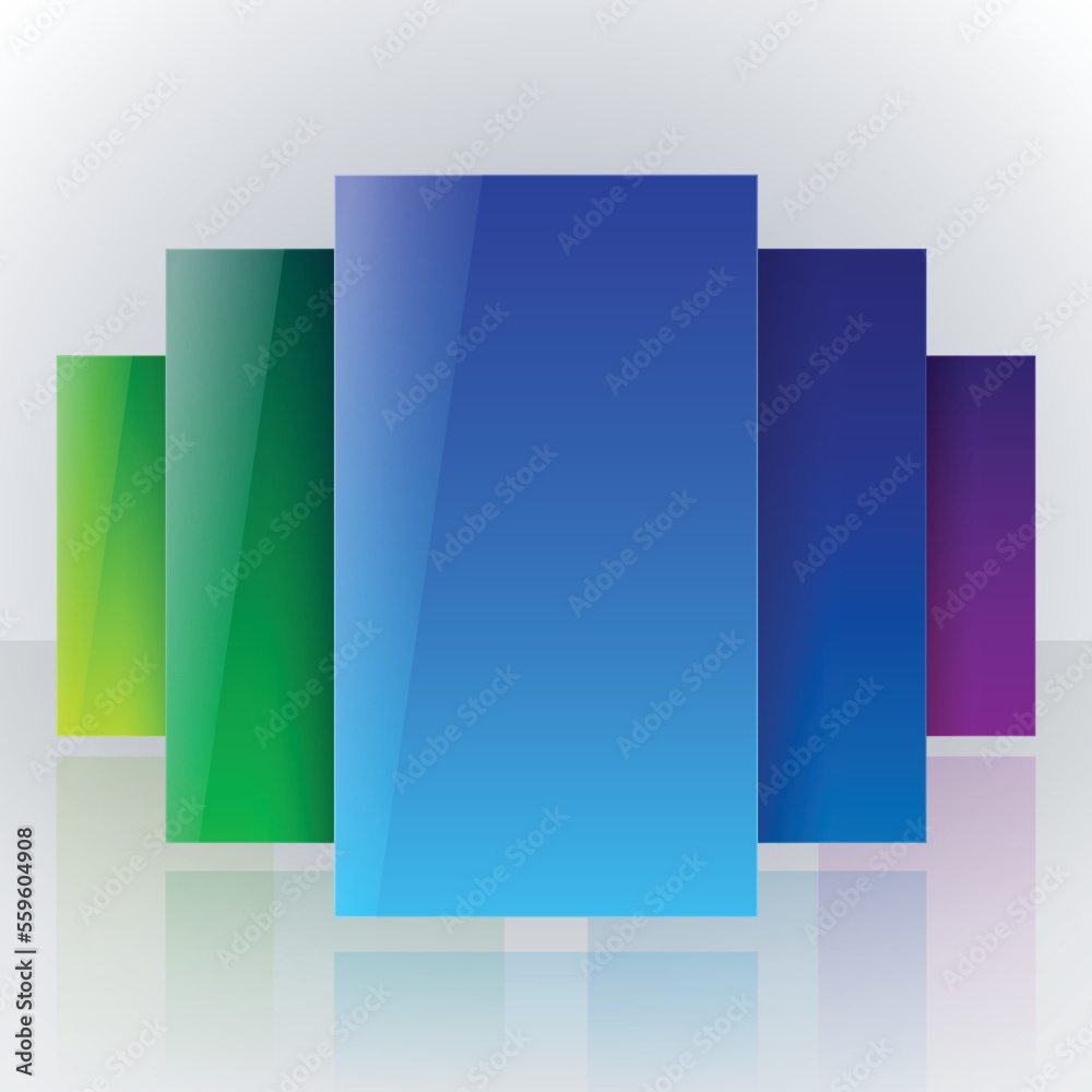 Infographic colorful blue, yellow and green shiny transparent rectangles with reflections on white background