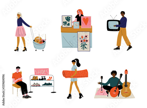People selling secondhand stuffs at flea market set. Customers buying shoes, musical instruments, pictures at market fair cartoon vector illustration