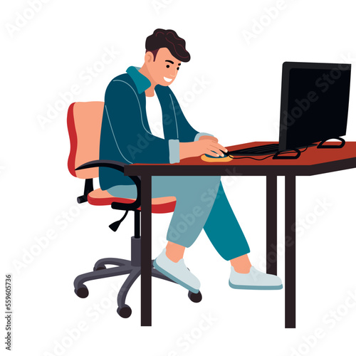 Young man works at computer using a mouse. Male is sitting in comfortable armchair at the table.Side view.Relax,leisure or education concept.Cartoon flat style vector illustration isolated on white.

