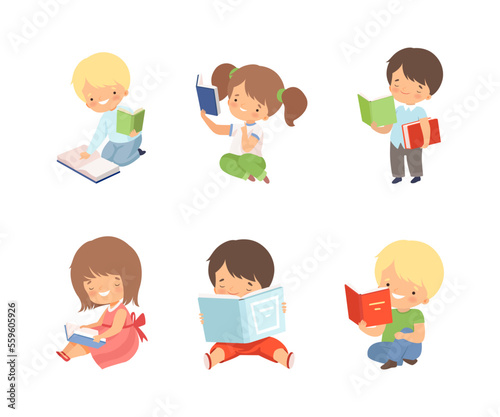 Preschool children reading books set. Cute little boys and girls literature fans. Education, hobby concept cartoon vector illustration