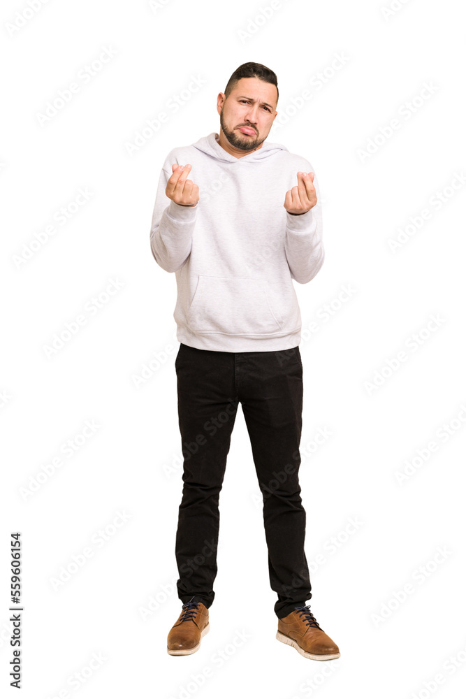 Full body adult latin man cut out isolated showing that she has no money.