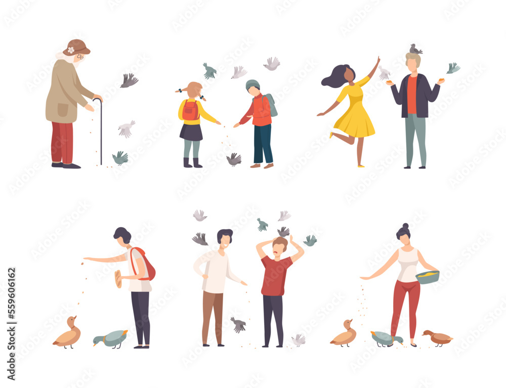 Different people feeding pigeons and ducks while walking in park set cartoon vector illustration