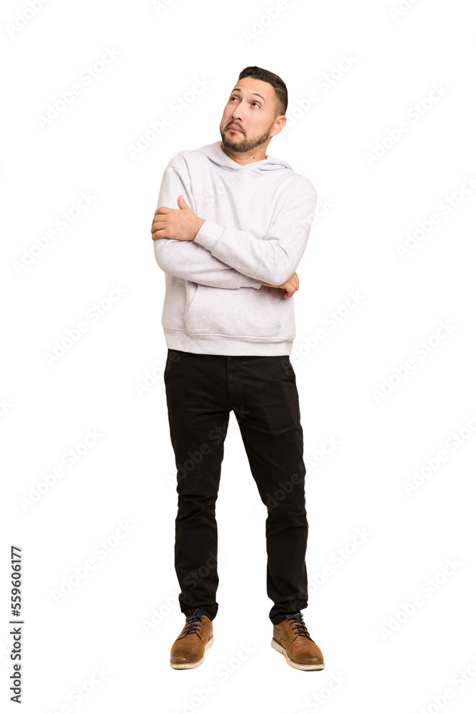 Full body adult latin man cut out isolated dreaming of achieving goals and purposes