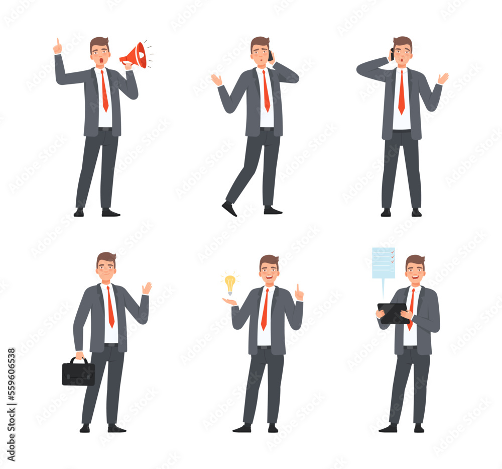 Set of businessman taking part in business activities. Office employee in suit brainstorming, shouting at loudspeaker, talking on phone cartoon vector illustration