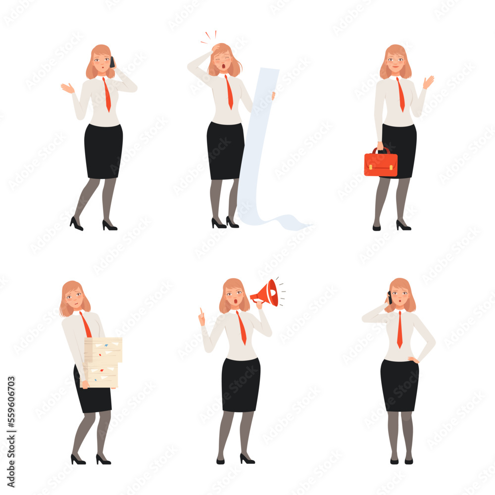 Fototapeta premium Set of businesswoman taking part in business activities. Office employee shouting at loudspeaker, talking on phone, carrying heavy stak of documents cartoon vector