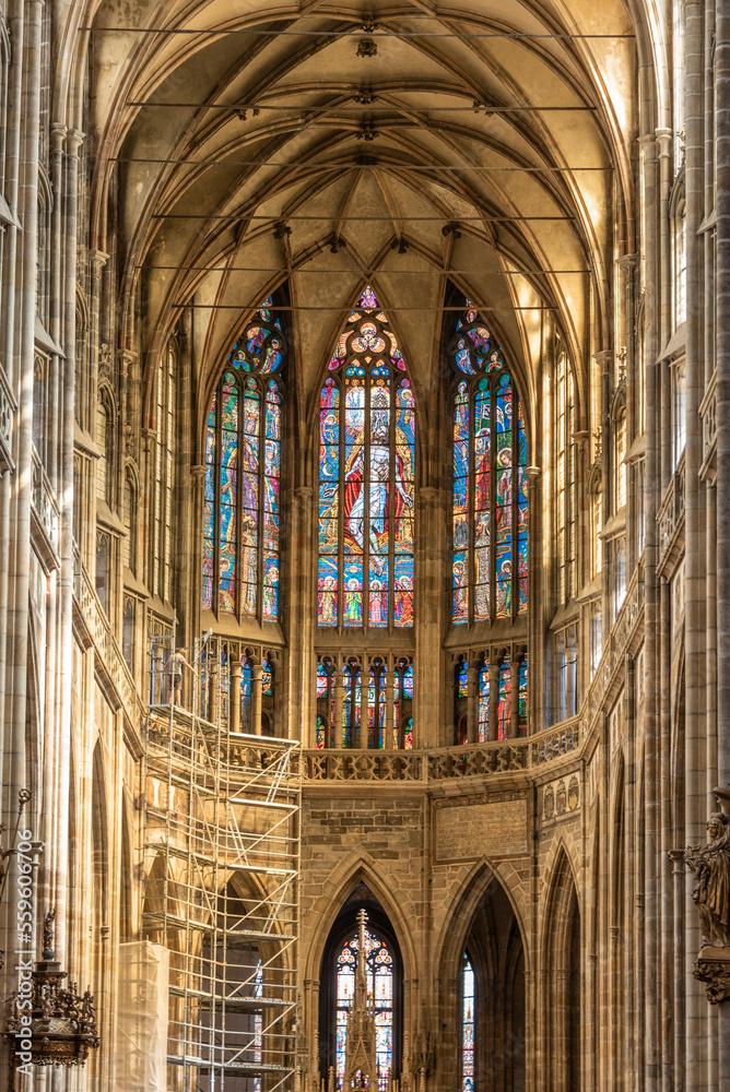 View of the windows at the end of the central nave of the cathedral of St. Vitus in Prague