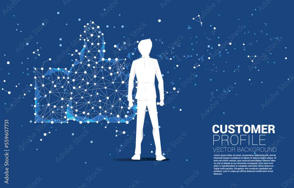 Silhouette of businessman standing with thumb up icon from dot connect line polygon network. concept of customer satisfaction , client rating and ranking.